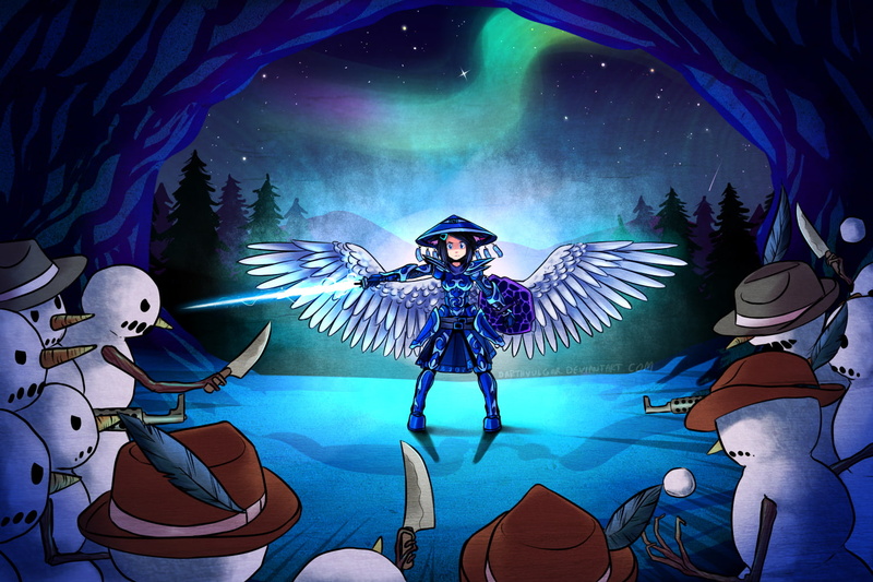 suweeka, wings, armor, gun, black, weapon, lightsaber, hair, blue, terraria, snowman, eyes, knife, watermark, 720P, hat