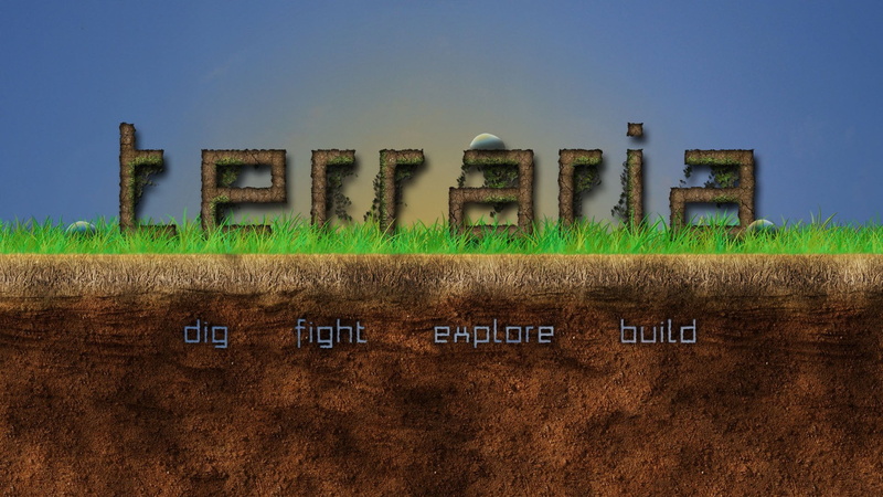 sky, green color, Video Game, plant, built structure, 1080P, building exterior, no people, capital letter, outdoors, text, Terraria, communication, environment