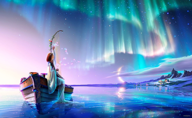 1080P, sky, mountains, digital art, boat, magic, fantasy girl, lake, northern lights, snow, village, fantasy art, stars, fantasy, moon, artwork, Priestess