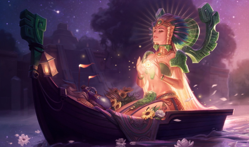 goddess, headdress, Jessica Oyhenart, Sun Goddess Karma, shoulders, pitcher, in the boat, priestess, lantern, 1080P, magic, lights, candles, League of Legends