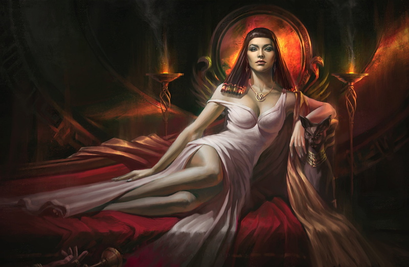 1080P, cat, woman, black, Priestess, haired, Max Yenin, art, girl, illustration, bed