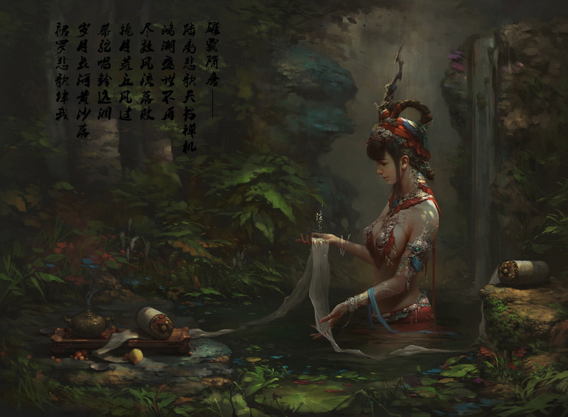 fairy forest, characters, Zhao Huanhua, scroll, stream, hairstyle, 1080P, ritual, priestess, rite, art, waterfall, decoration