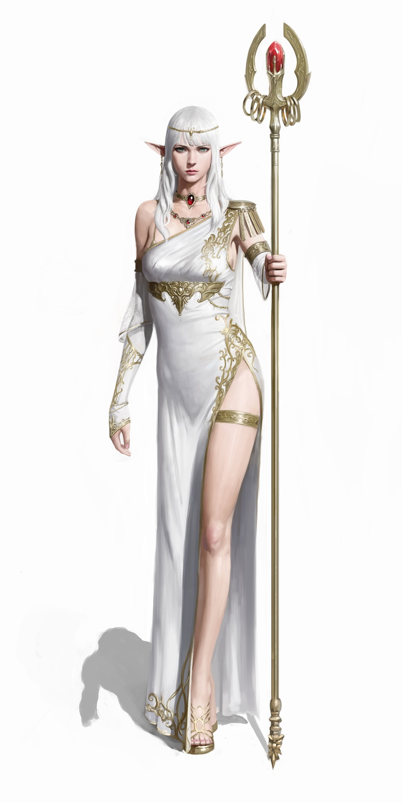shoes, simple background, straight hair, dress, gold, high heels, staff, priestess, elves, jewelry, silver hair, white clothing, Yongwon Park, 2K, drawing