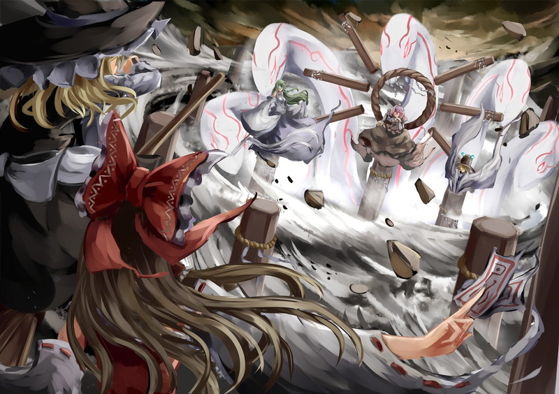 eyes, marisa, kirisame, miko, suwako, skirts, red, dress, mountain, green, hair, destruction, stones, purple, 720P, brunettes, fight, games, faith, long