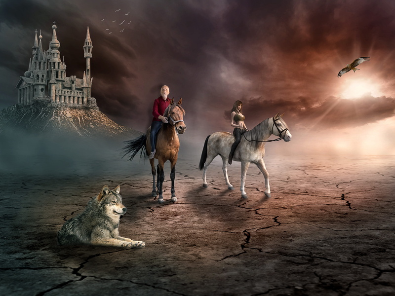 castle, woman, animal themes, 4K, mood, animals, mountain, photo montage, outdoors, group of animals, fog, light, working animal, horses, beside, man