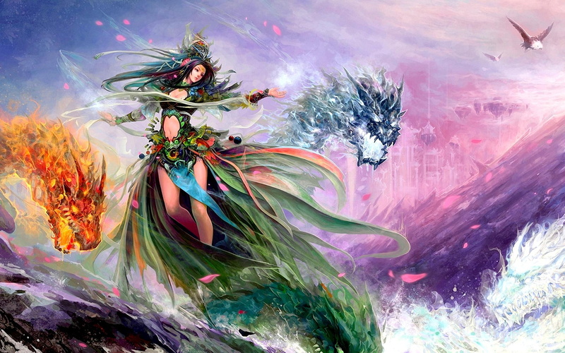 dragons cg art, water, beauty, fantasy, girl, dragons, magic, 1080P, 3d and abstract