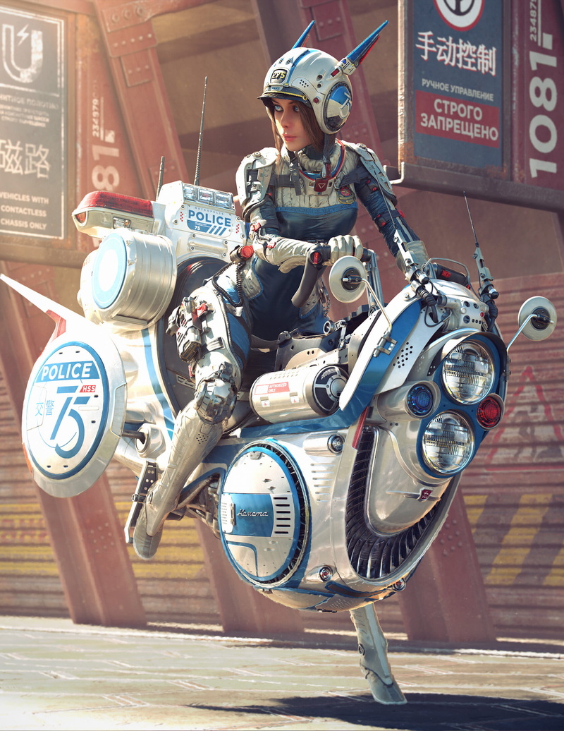 cg art, Michael-Black, women, 1080P, bikes, futuristic, police, digital art, hovercraft