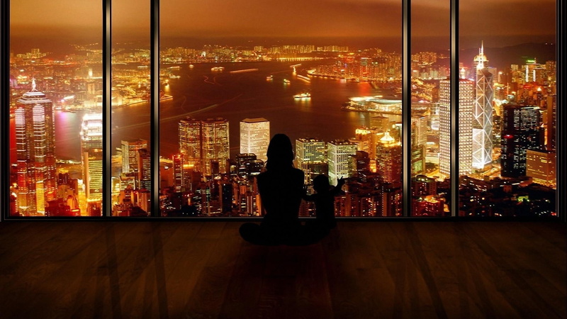 mother, view, window, 1080P, silouhettes, child, amp, 3d and abstract, lights, silhouettes, city
