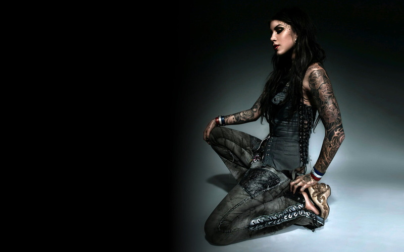 portrait, beauty, hairstyle, young women, indoors, clothing, top, studio shot, Kat Von D, 1080P, leather, fashion, one person, sleeveless, full length