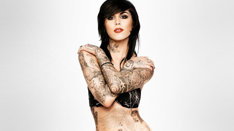 young adult, brunette, copy space, d, looking at camera, kat, adult, women, simple background, 1080P, one person, waist up, Kat Von D, white background