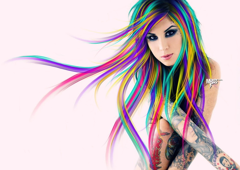 studio shot, indoors, photo manipulation, tattoo, colorful, lifestyles, Kat Von D, white background, young adult, 480P, one person, multi colored, adult