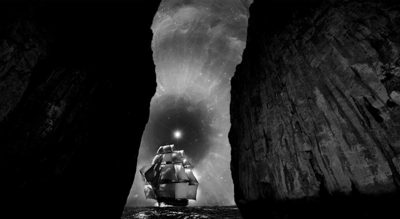 cave, built structure, ship, moonshine, photo, 1080P, rock, outdoors, illuminated, Black and White, night sky, rock formation, grayscale, beauty in nature