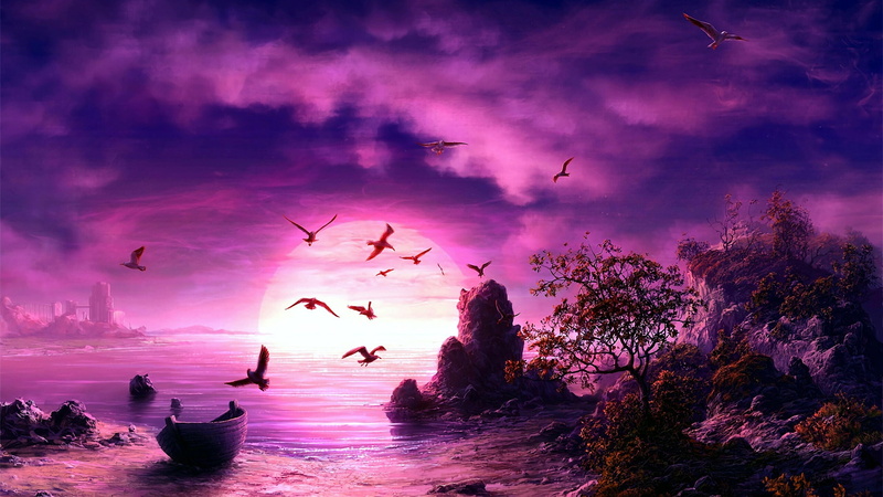 fantasy landscape, boat, purple landscape, 1080P, purple, purplish, moon, fantasy art, birds