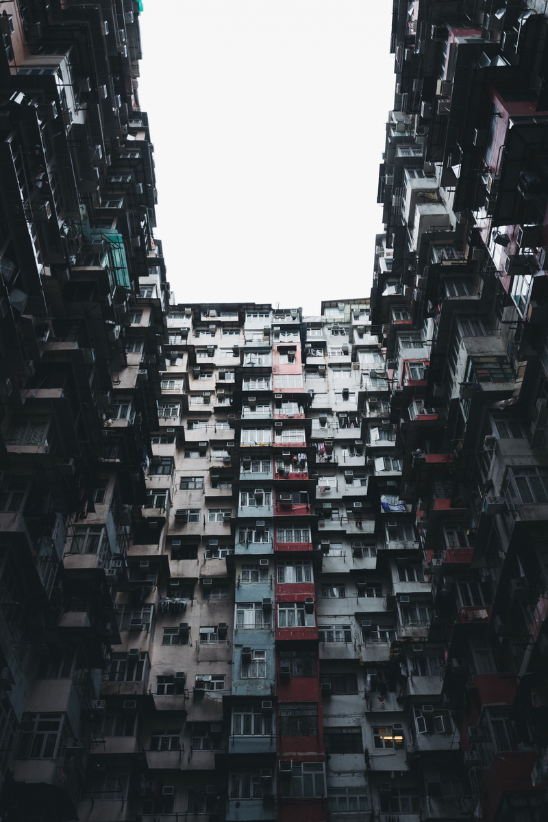 tall - high, apartment, 5K, low angle view, in a row, abundance, no people, Hong Kong, residential district, built structure, skyscraper, building, day