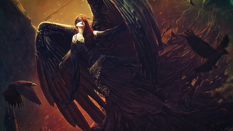 illustration, dark angel, supernatural creature, sky, darkness, artwork, angel, mystic, 4K, mythology, mystical, wings, crow, girl