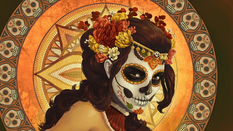 indoors, Dia De Los Muertos, female likeness, pattern, belief, women, no people, celebration, mosaic, mural, representation, craft, artwork, religion, ornate