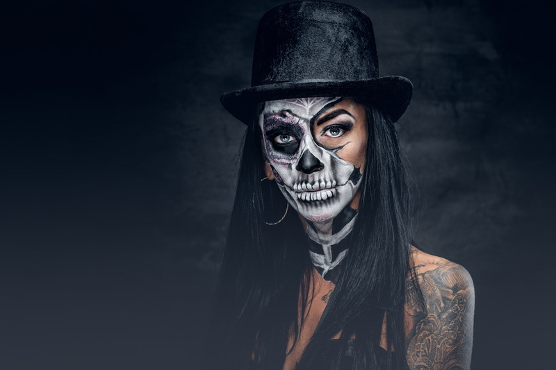 women, hat, face, makeup, simple background, tattoo, 4K, model, long hair, skull, Dia de los Muertos