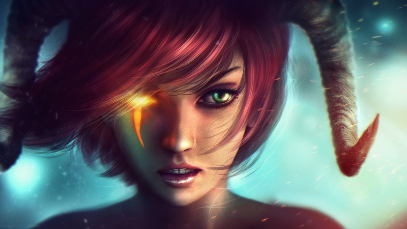 redhead, fantasy girl, green eyes, horns, Dungeons and Dragons, 2K, fantasy art, digital art