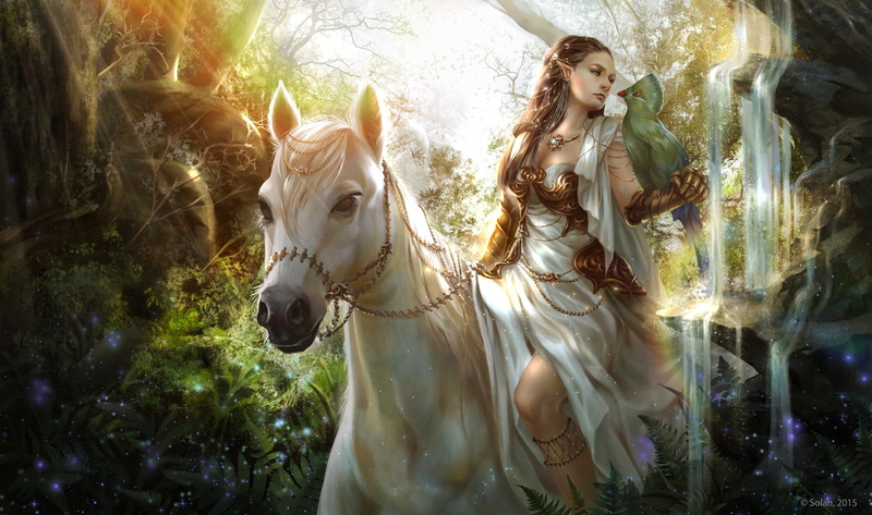 Girl, Women, Fantasy, Pointed Ears, Bird, Horse, Waterfall, Elf, 1080P, Woman