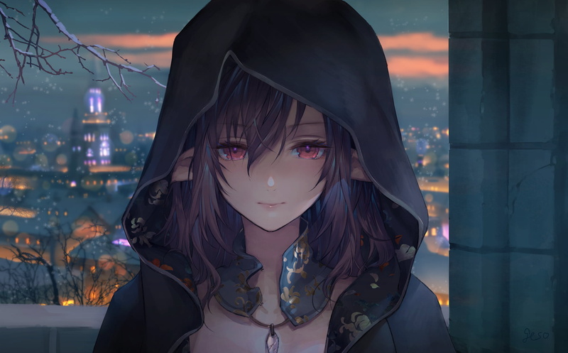 pillar, city lights, red eyes, anime, elf ears, looking at viewer, brunette, 1080P, necklace, winter, anime girls, snow, long hair