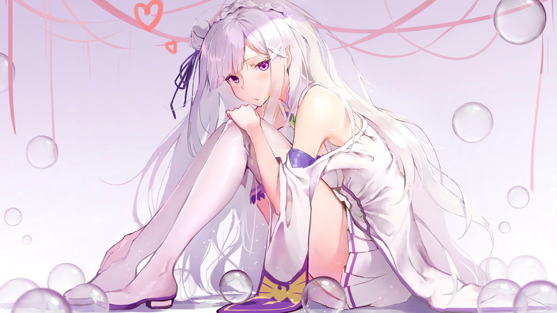 front view, women, indoors, Anime, blond hair, sitting, pink color, hair, one person, lifestyles, hairstyle, emilia, adult, re: zero, teenager, elf ears