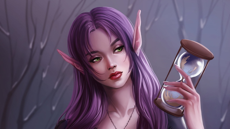 1080P, Purple Hair, Elf, Green Eyes, Pointed Ears, Fantasy, Hourglass, Woman