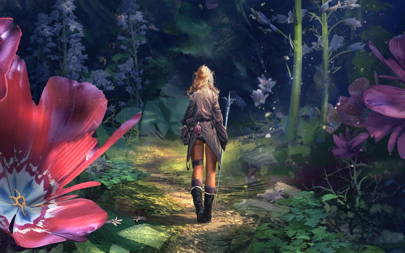 1080P, Blonde, Fantasy, Staff, Sunbeam, Pointed Ears, Flower, Girl, Long Hair, Elf, Digital Art