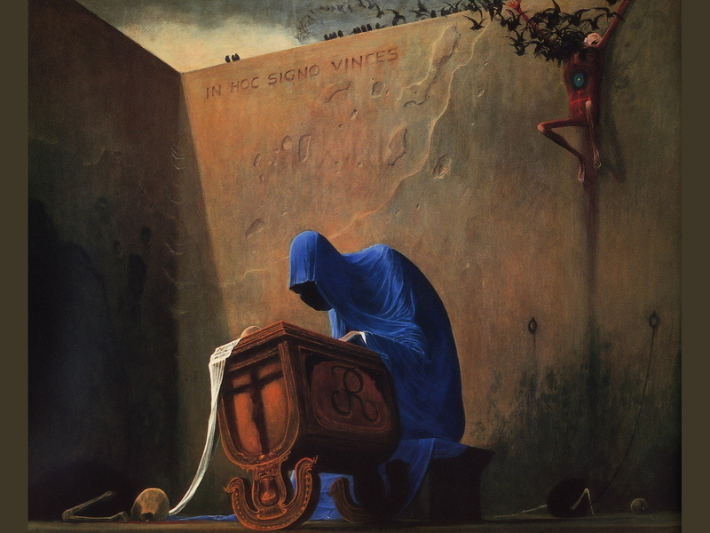 men, art and craft, indoors, built structure, lifestyles, working, Beksinski, fantasy, holding, wall - building feature, day, container, one person, three quarter length