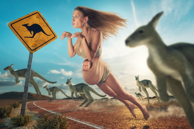 woman, cangaroo, one person, john wilhelm, outdoors, girl, fantasy, funny, day, lifestyles, vertebrate, mammal, full length, Original baby cradle, 720P