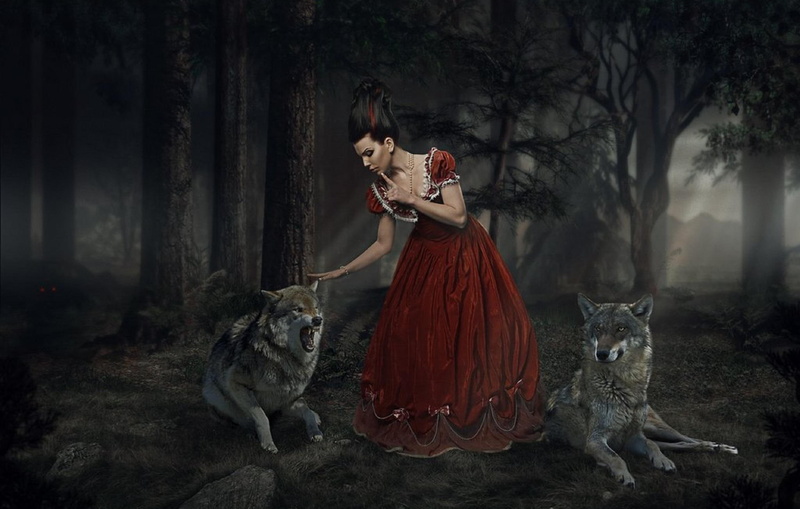 trees, red, dress, wolves, fox, taming, forrest, woman, 1080P, wome, two, hush, beautiful, gothic, dark, black, girls, painting, nice