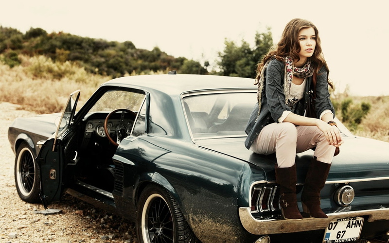 brunette, vehicles, classic, cars, black, wome, mustang, muscle, ford, 1080P, model