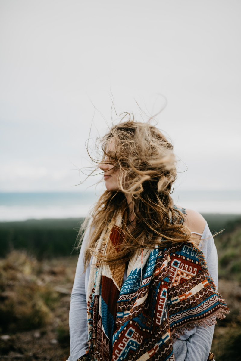 brown, leisure activity, one person, portrait, casual clothing, 5K, looking at view, hair, focus on foreground, near, beach, scarf, wearing, rear view