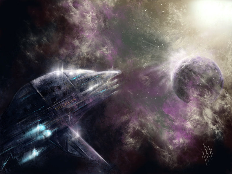 Dolphin, stars, art, 4K, planet, space, nebula, shall, ship