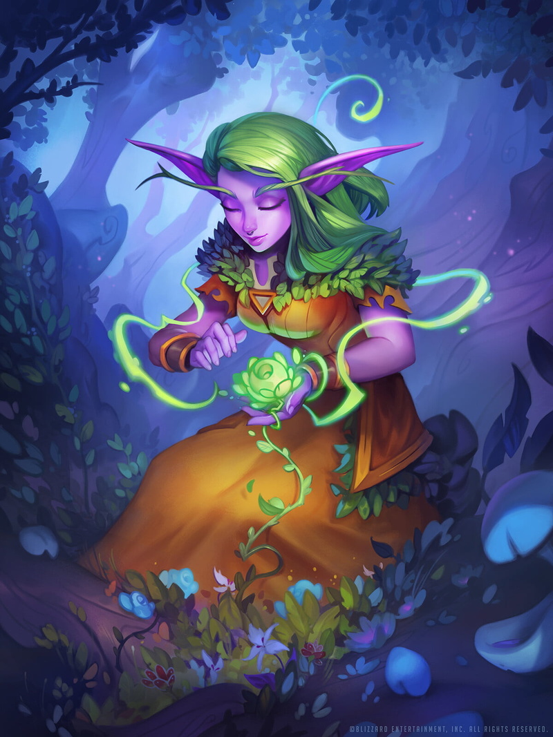 Nordrassil Druid, green hair, women, Shadowlands, closed eyes, magic, plants, video game girls, ArtStation, artwork, Dave Greco, pointy ears, flowers, fantasy art