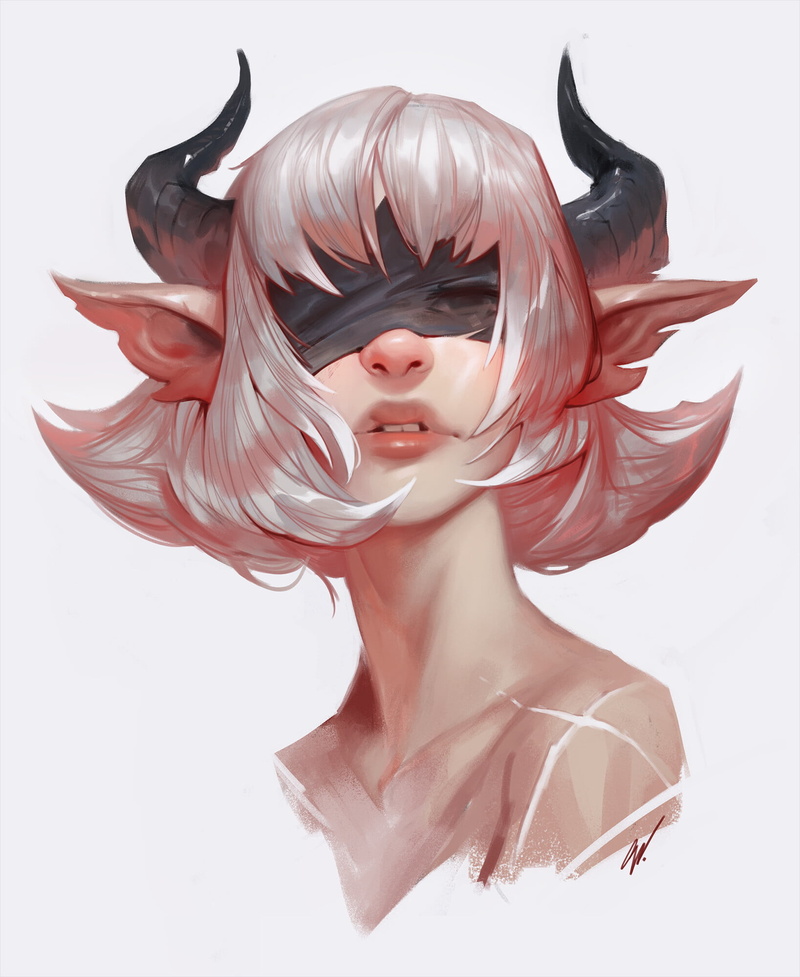 ArtStation, white background, women, demon girls, simple background, succubus, fantasy girl, artwork, Dave Greco, horns, fantasy art, blindfold, 1080P