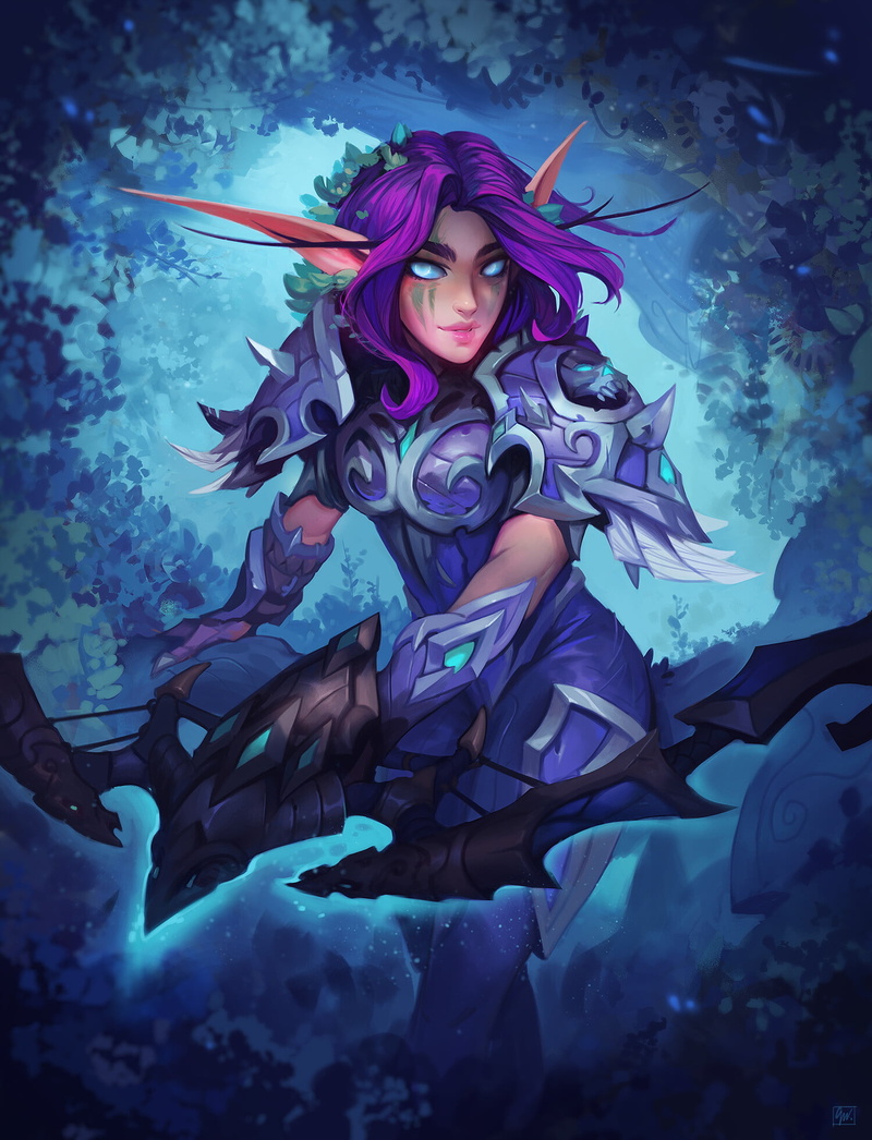 World of Warcraft, PC gaming, ArtStation, fantasy art, purple hair, women, pointy ears, Night Elves, 1080P, video game art, fantasy girl, video game girls