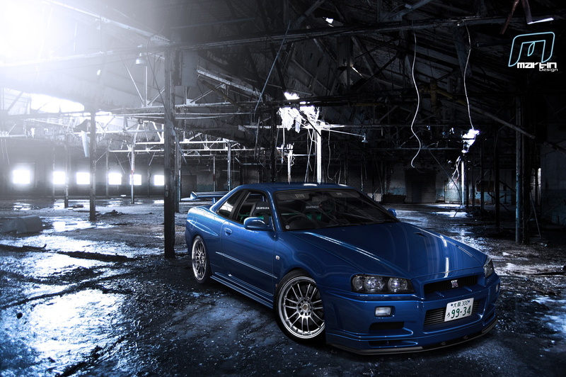 mode of transportation, stationary, street, nature, architecture, garage, built structure, illuminated, lighting equipment, city, vintage car, night, Nissan Skyline GT-R R34