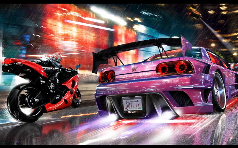 night, nissan skyline, rain, 1080P, NFS, speed, lights, motorcycle, neon, Need for Speed