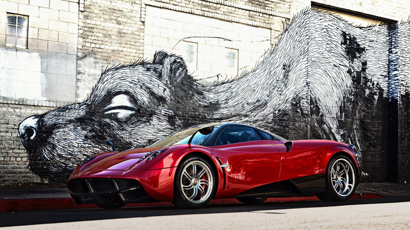 tree, red cars, architecture, garages, car, motor vehicle, built structure, city, Pagani Huayra, nature, graffiti, outdoors, artwork, building exterior