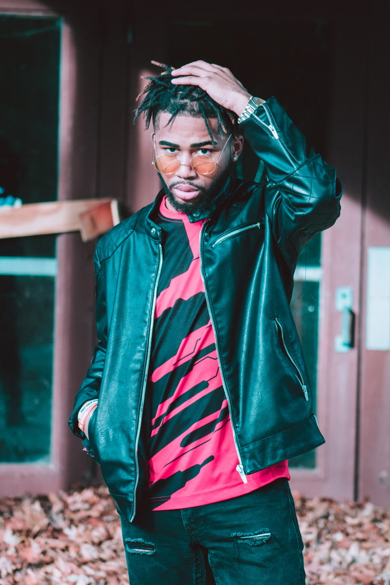 dark, real people, modern, clothing, dreads, waist up, urban, fashion, lifestyles, barrington, ghetto, moody, haircut, leather, standing, portrait, trap
