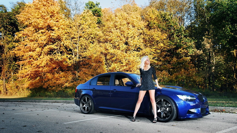 black dress, women, blonde, 1080P, high heels, BMW 3 Series, minidress, women with cars