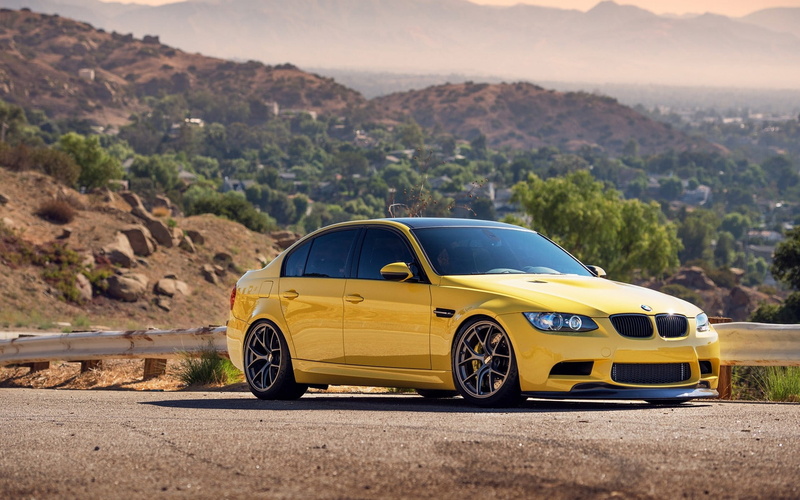 sunlight, luxury, mountain, road, yellow cars, focus on foreground, yellow, 1080P, untitled, landscape, nature, BMW, rock, road trip, BMW 3 Series, car