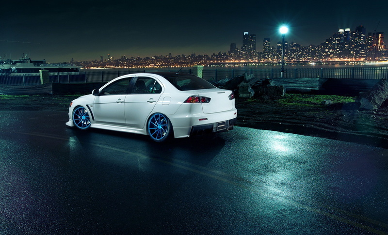 lights, 1080P, rear, Skyscrapers, metropolis, city, mitsubishi, Night, lancer, Vossen Wheels, evolution, X, white, 10