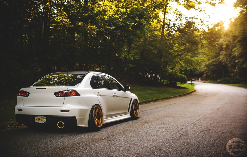 transportation, Mitsubishi, street, stationary, day, 1080P, tree, land vehicle, sunlight, gold, motor vehicle, outdoors, sedan, lancer, evolution, light