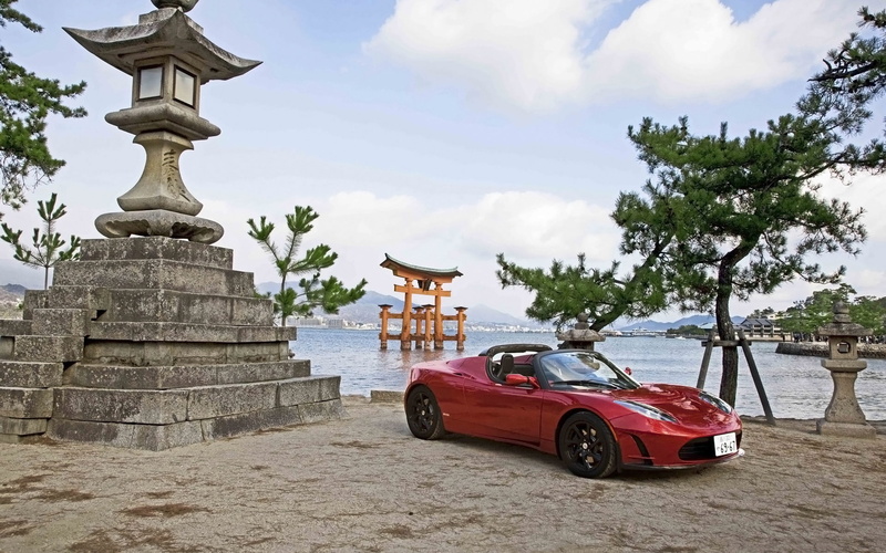 red, convertible, 1080P, tesla, car, japan, roadster