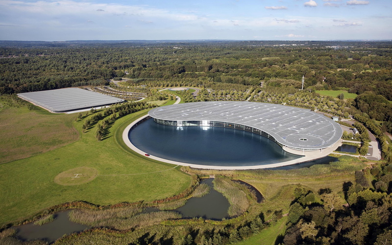 McLaren Technology Centre, beauty in nature, sport, river, Birds Eye View, environment, UK, high angle view, road, tranquility, grass, Woking, outdoors