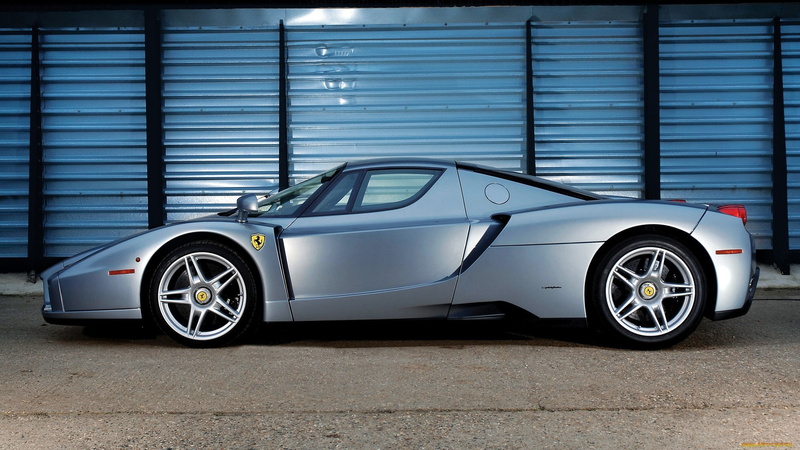 silver colored, car, Ferrari, outdoors, tire, retro styled, vintage car, day, luxury, city, motor vehicle, 1080P, transportation, Ferrari Enzo, garage
