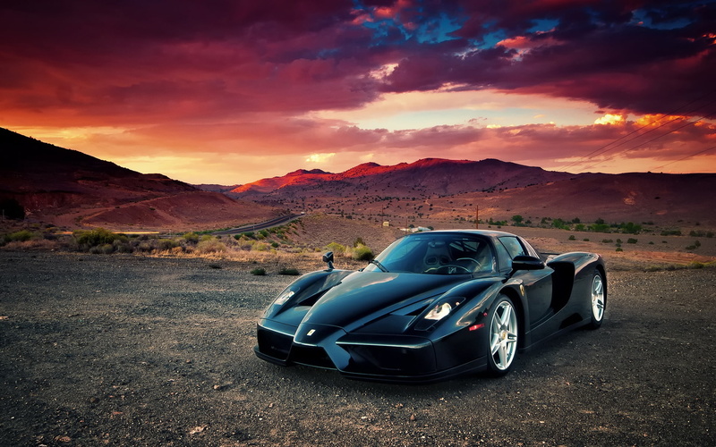 1080P, Desert, Sunset, Ferrari, enzo, black, Clouds, Supercar