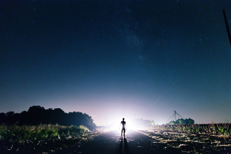 landscape, horizon, night, trees, evening, Headlights, field, 5K