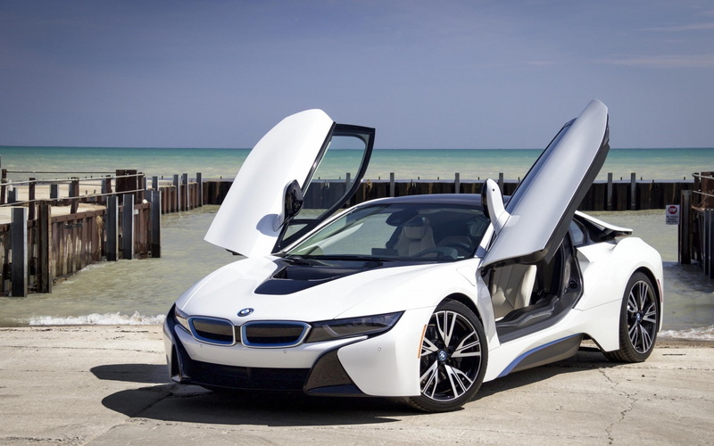 no people, clear sky, sky, sunlight, land, luxury, nature, Bmw i8, beach, land vehicle, transportation, White, travel, water, wheel, horizon over water